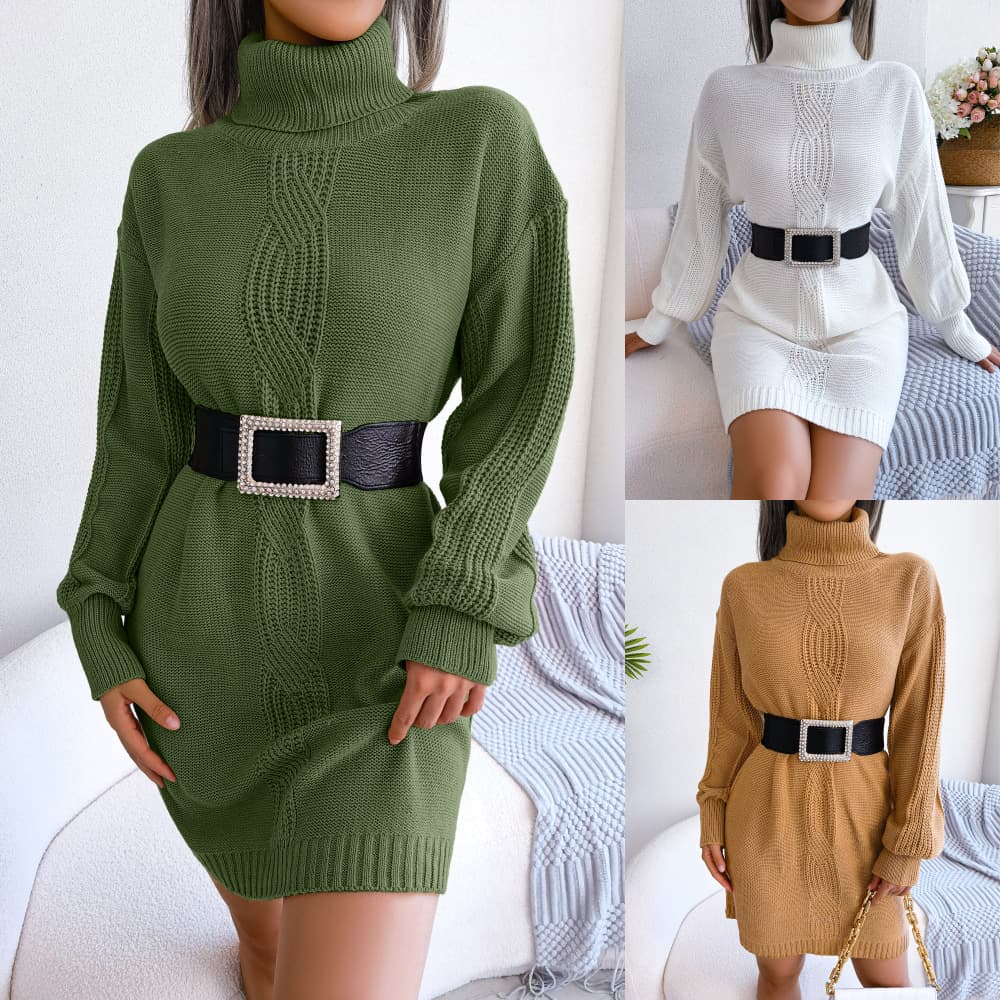 Women's clothing autumn and winter casual high-necked twisted lantern sleeves bottoming sweater dress popular women's clothing
