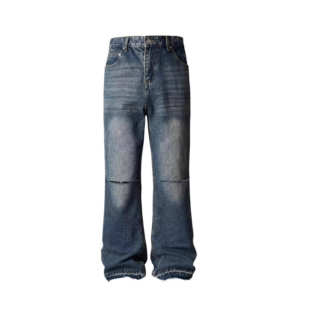 Vintage Distressed Wide-Leg Jeans – Knife-Cut & Whisker Washed, Retro Two-Tone Flared Denim