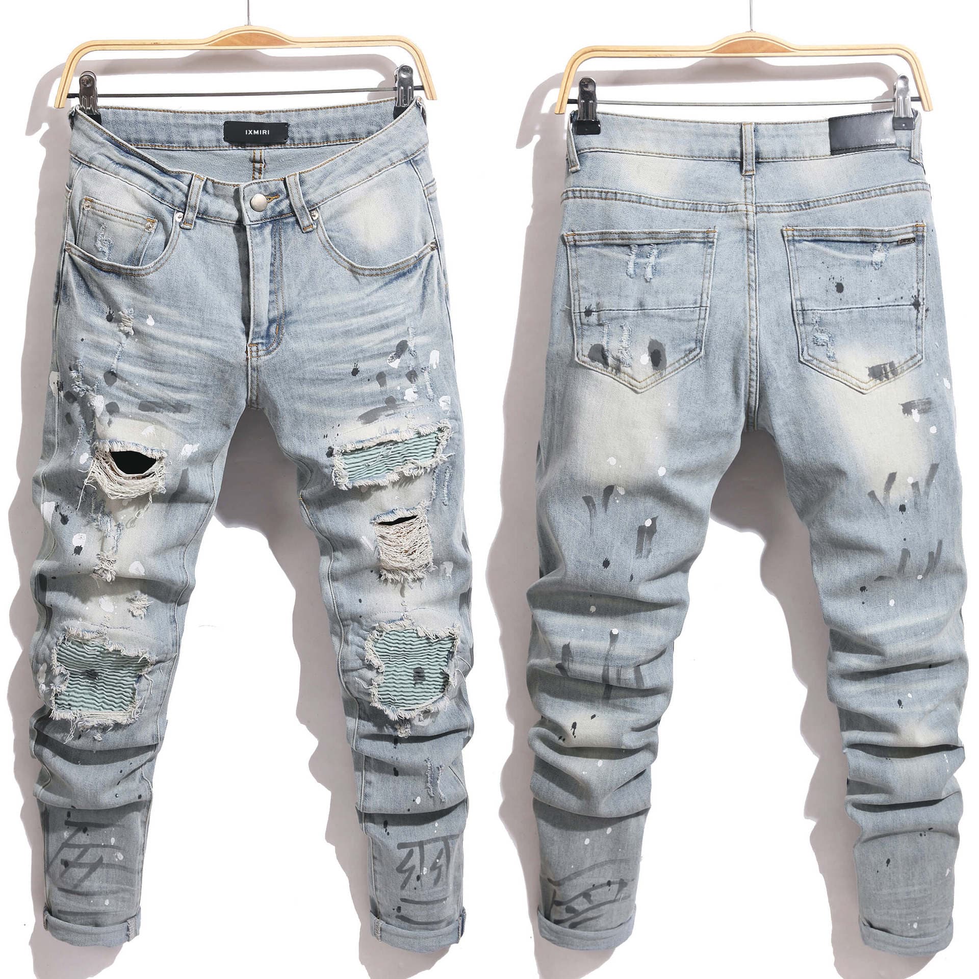 AM Foreign Trade High Street Blue Skinny Jeans for Youth Ripped Stretch Painted Appliqué Cross Border 8809