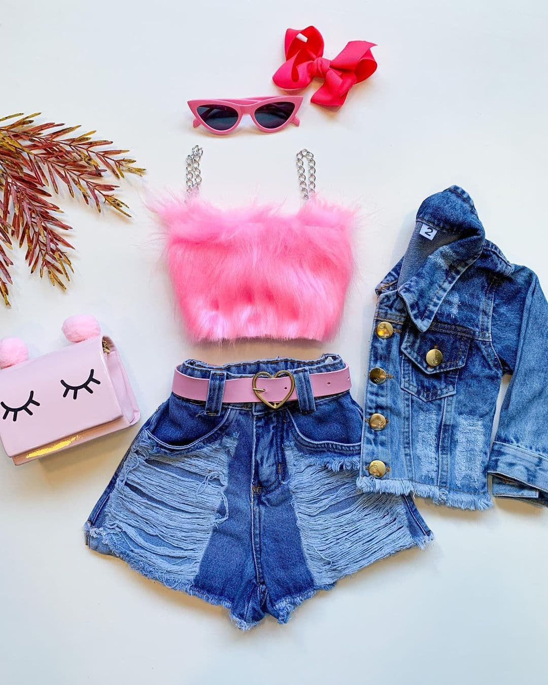 Baby Clothing Girls solid color halter top + denim ripped pant suit