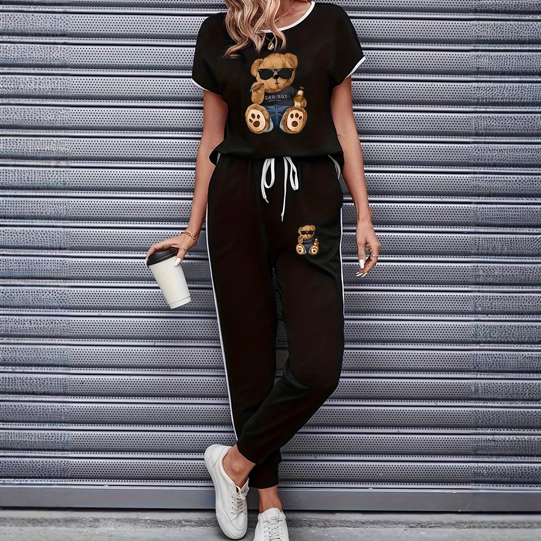 Women's Color Block Trim Casual Suit European American Style Simple Loose Fit Short Sleeve Spring Summer Autumn New