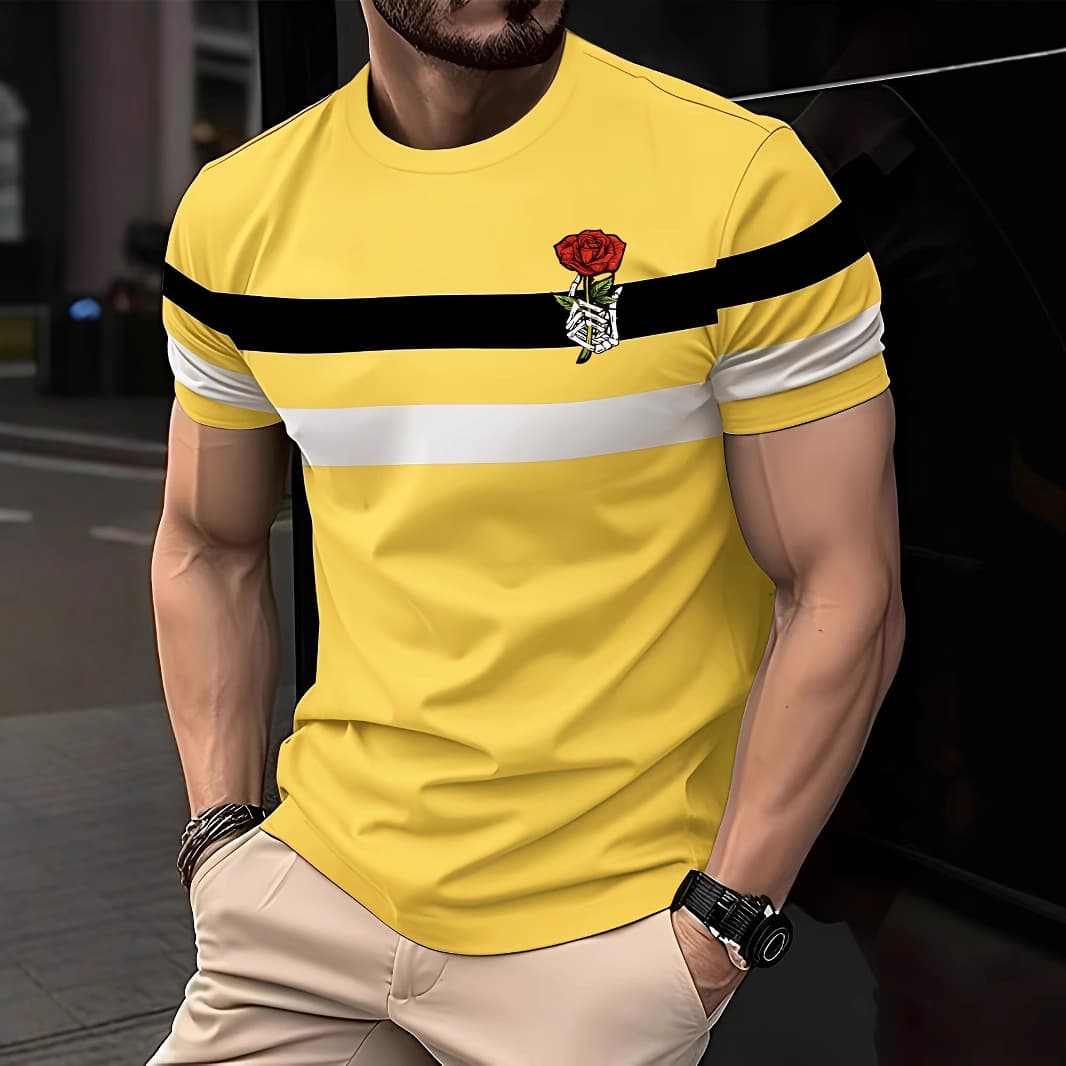 Men's Clothing Simple Geometric Contrast Stripes Printing High Street Loose Mesh Breathable Short Sleeved Round Neck T Shirt