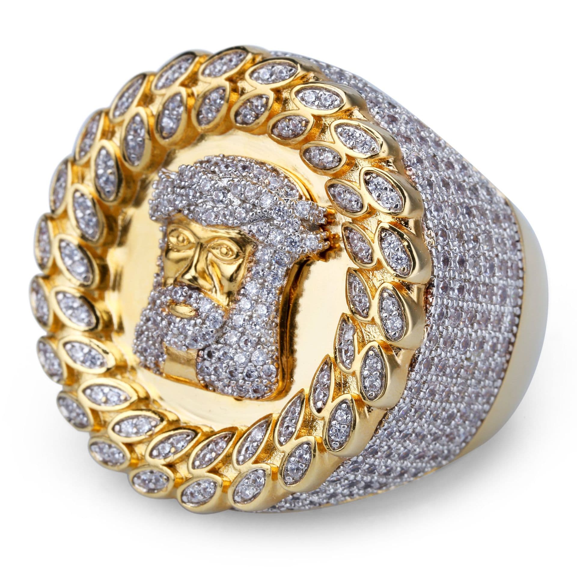 Jesus Face Hip Hop Ring For Men – Cubic Zirconia Micro-Pave Bling Statement Ring, Gold Plated Brass Streetwear Jewelry (Size 7-12)