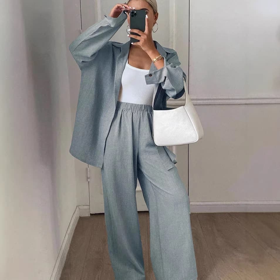 Women's Casual Two Piece Set Spring Autumn Loose Fit Cotton Linen Long Sleeved Shirt Trousers Comfortable Style