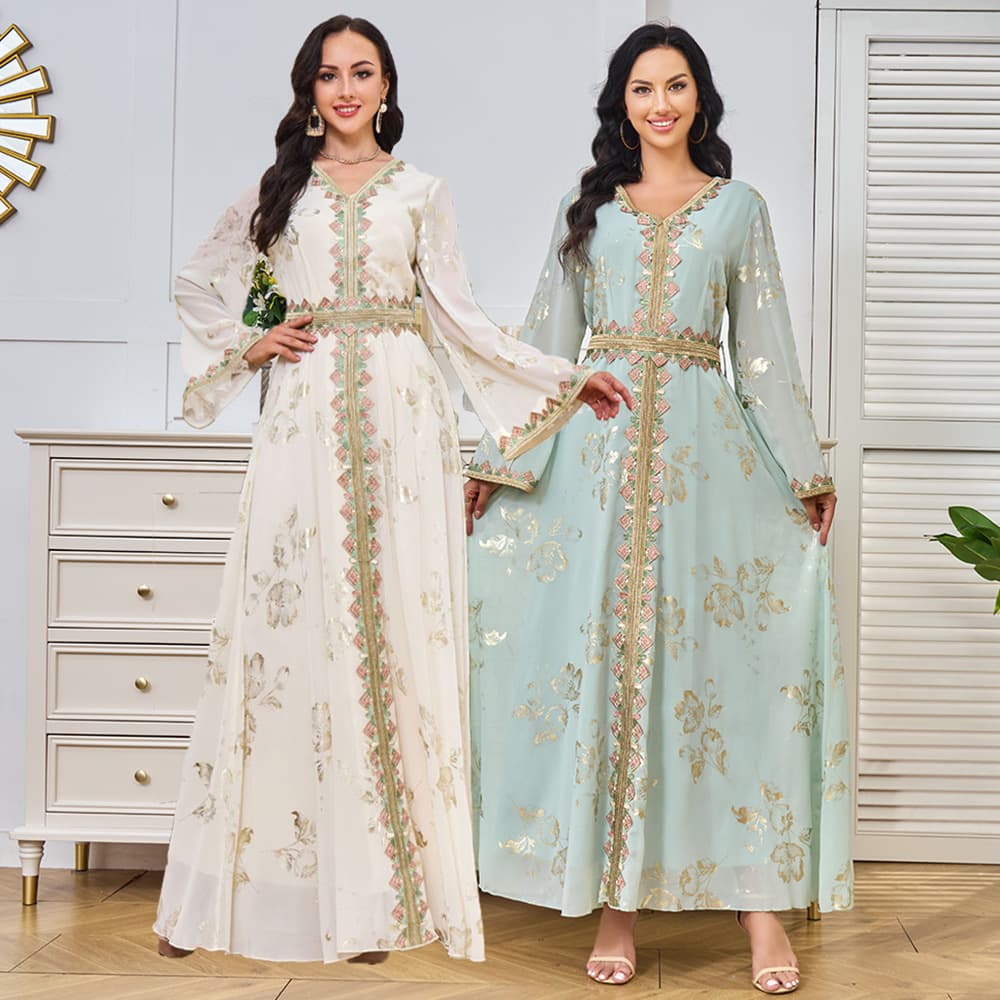Women’s Clothing Muslim Robe Women's New Bronzing Embroidery Lace Fashion White Dress