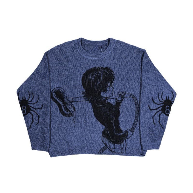 Men's Clothing fashion cartoon jacquard pullover sweater men's and women's autumn and winter retro high street loose knitted pullover tops