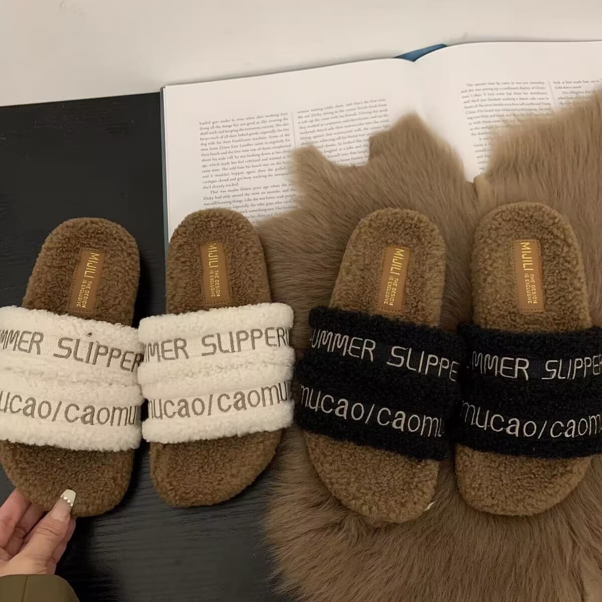 Slip-on non-slip fur shoes women's outerwear 2023 autumn and winter new style plus velvet lamb wool thick-soled slippers factory direct sales
