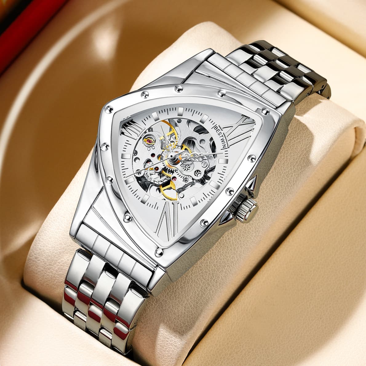 Triangular Skeleton Design Men's Automatic Mechanical Watch Bestwin Waterproof Luxury Business Timepiece