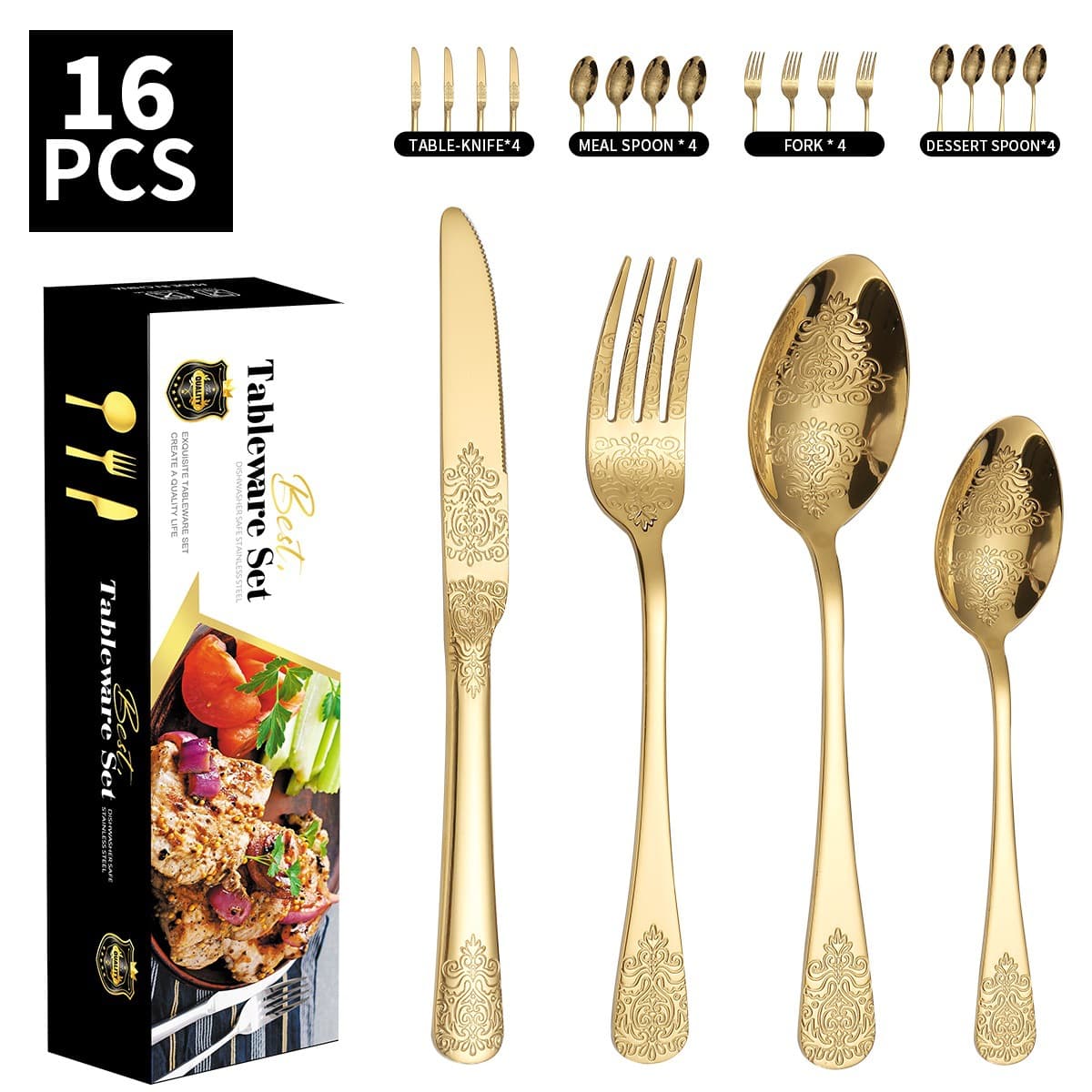 Thickened Patterned Stainless Steel Knife Fork And Spoon Tableware 430 Double Headed Patterned Knife Fork And Spoon 24 Piece Set