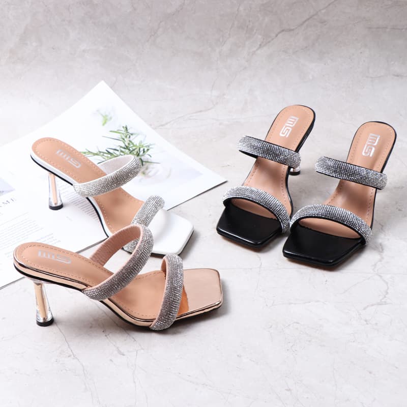 Women's Shoes Summer Fashionable Sandals With Crystal Stiletto Heels, Versatile And Comfortable, Solid Color, One Strap Rhinestone Sandals