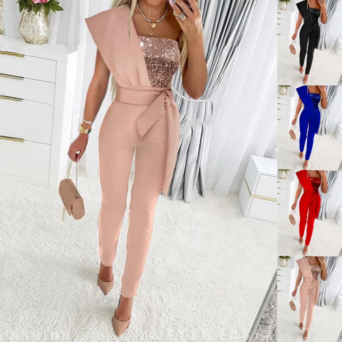 Women's Clothing Printed Jumpsuit Solid Color Sleeveless Belt Decorated Jumpsuit Slim Fit Stitching Sequins Women's Clothing