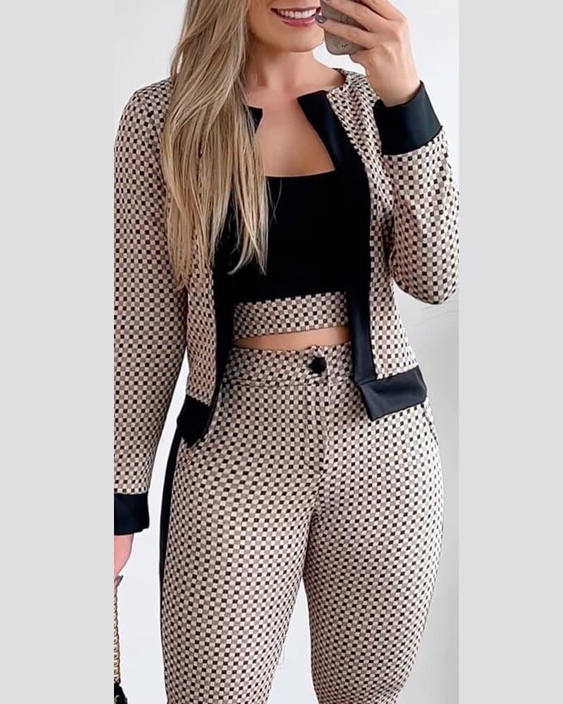 Women's New Brown Small Plaid Print Slim Fit Color Block Jacket and Tights Suit