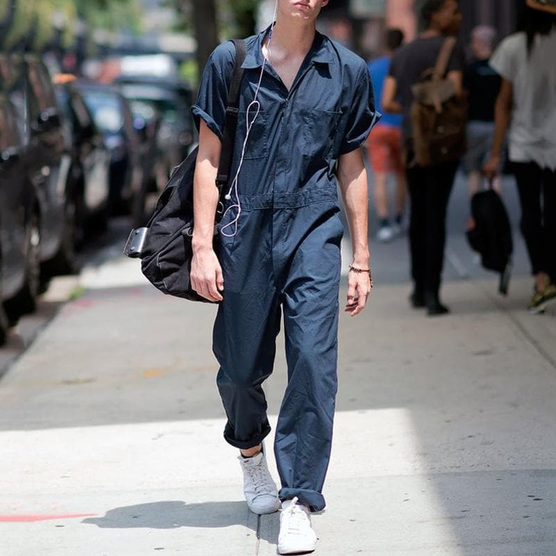 Men's Multi-pocket Design Cargo Pants Lapel Loose Version Of Solid Color Casual Romper