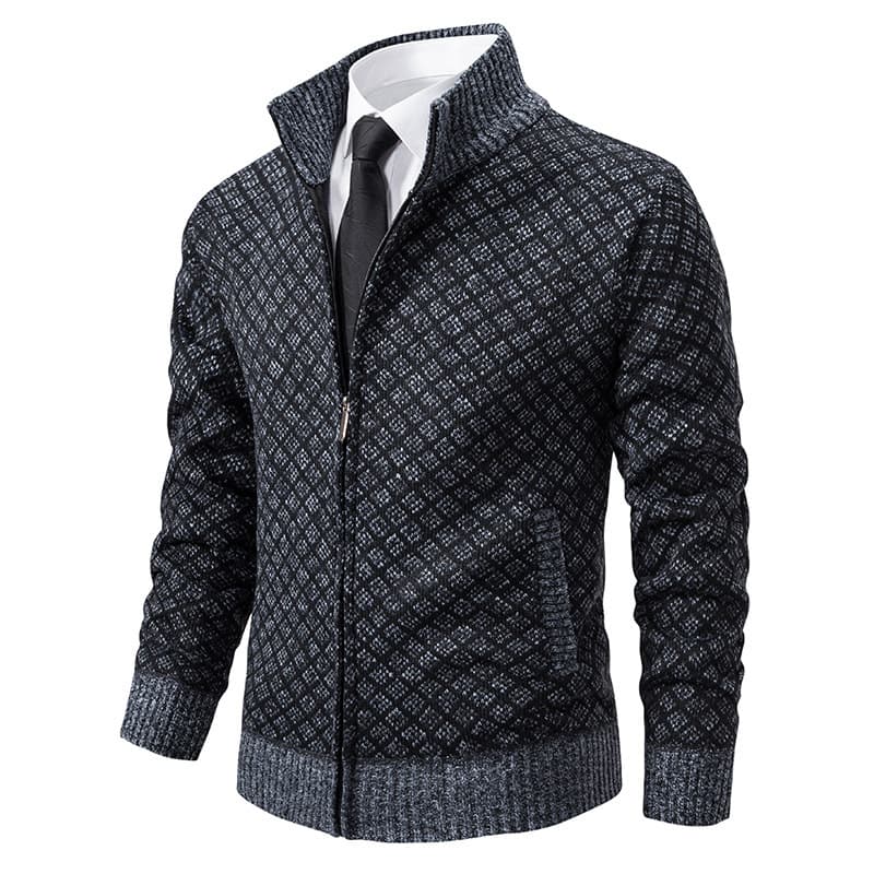 Men's Autumn And Winter New Plush And Thick Knitted Cardigan Fashion Stand Up Collar Long Sleeved Casual Sweater Jacket