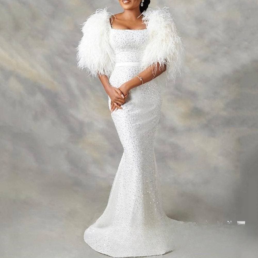Women's Clothing Temperament Commuter New U Neck Sequin Dress Cape Feather Sleeve Evening Dress