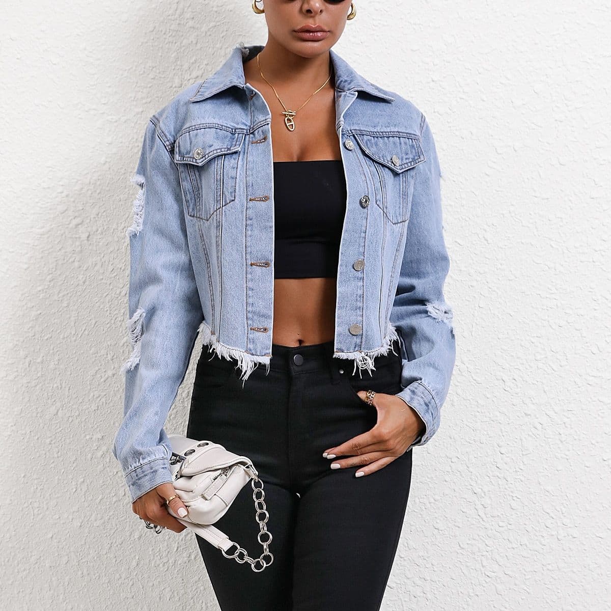 Women’s Clothing Casual loose ripped long sleeved short denim jacket