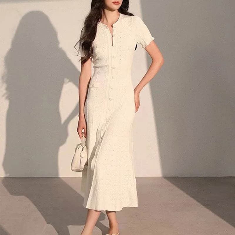 Elegant Women's Round Neck Short Sleeve Knit Dress Button Down Cutout Long Skirt Slim Fit For Beach Vacations