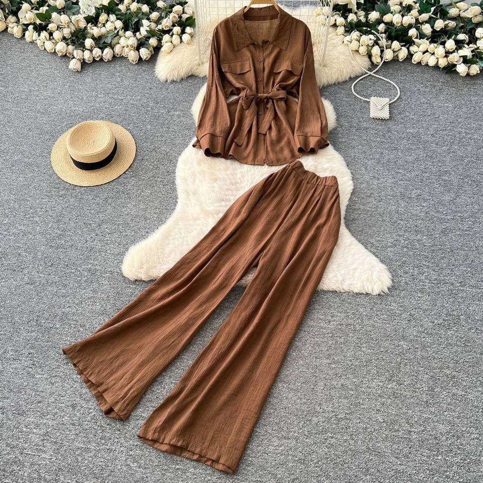 Women's Clothing Elegant Bow-Tie Blouse & High-Waisted Wide-Leg Pants Set – Chic Office To Evening Outfit