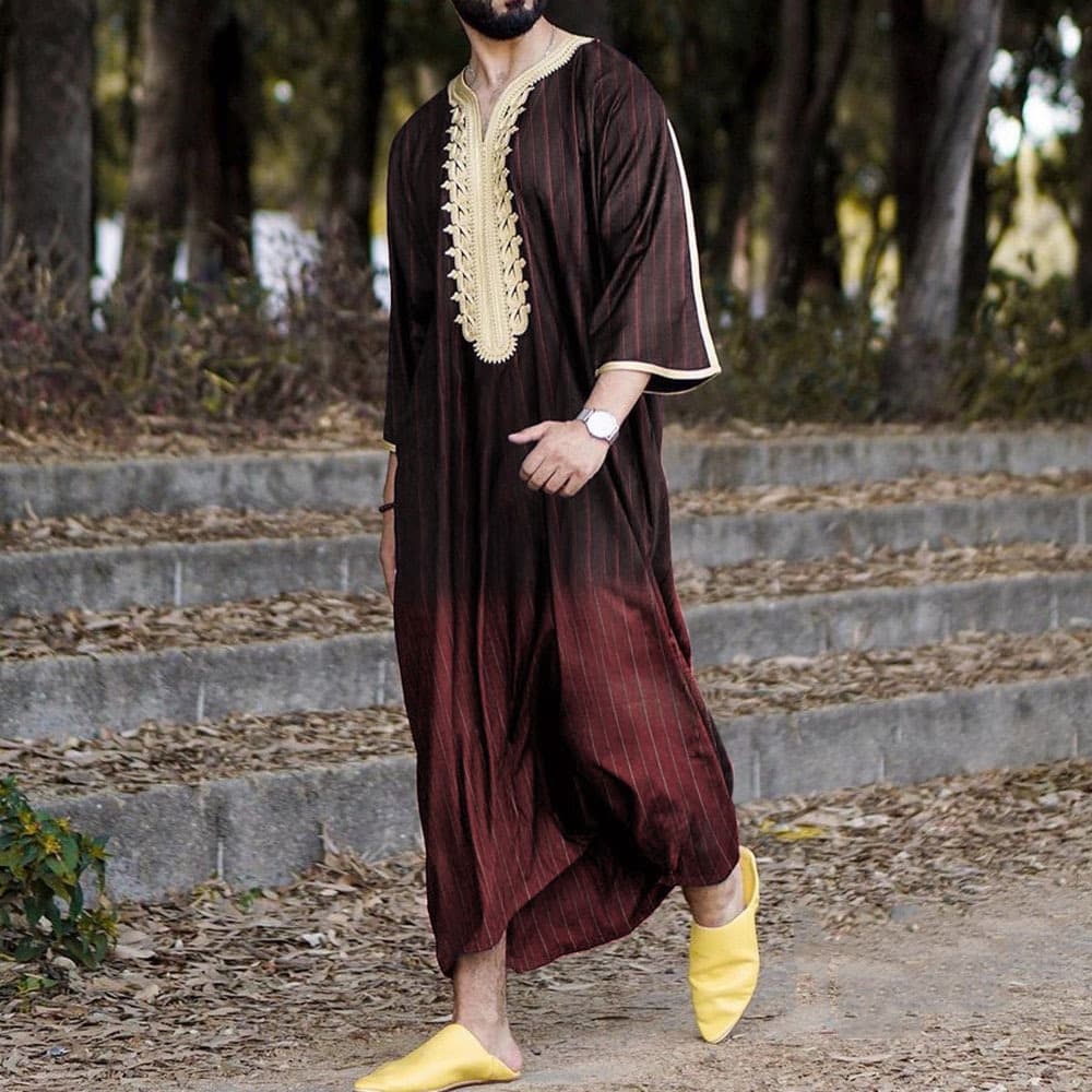 Men's Summer Arab Robe V-Neck Short Sleeve Printed Kebaya Muslim Clothing Loose Fit 2024 Style Polyester Slight Stretch