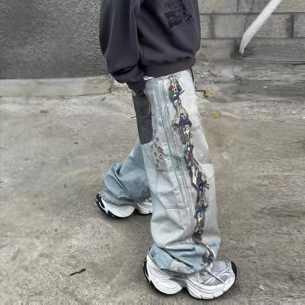 Men's Clothing 3D Digital Printed Denim Trousers Men's Hip Hop Street Trend Washed Old Ink Splashed Loose Wide Leg Straight Trousers