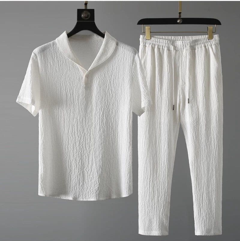 Men's Clothing men's Summer Bark Texture Tracksuit Set - Trendy Short Sleeve & Long Pants Casual Outfit (lightweight Streetwear Style)