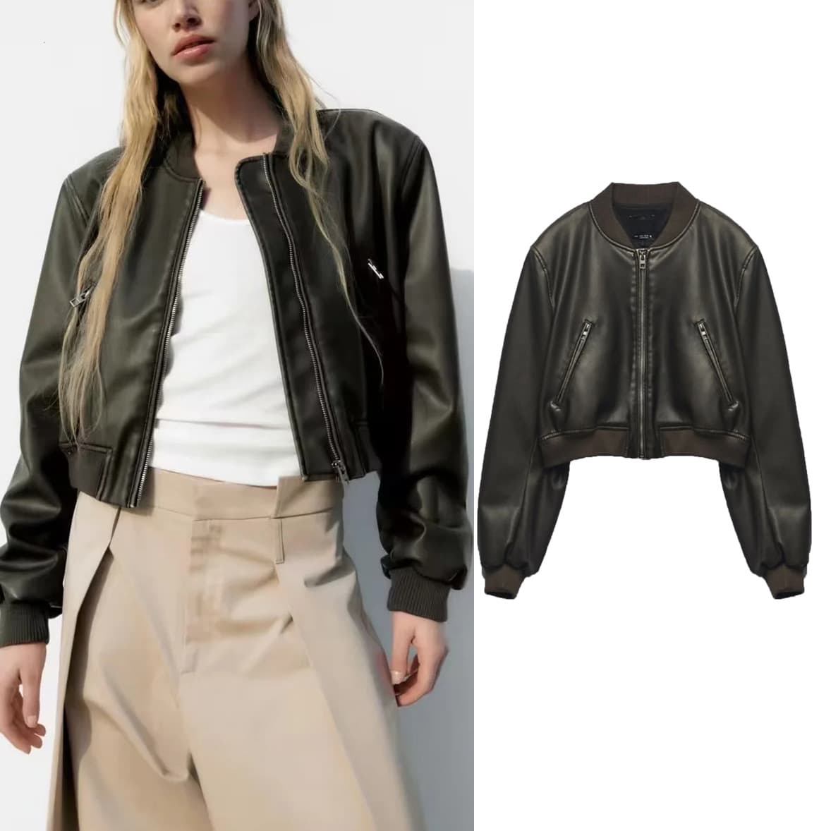 Women's clothing PU street trendy short slim fit autumn new stand-up collar motorcycle bomber jacket leather coat 6NS032