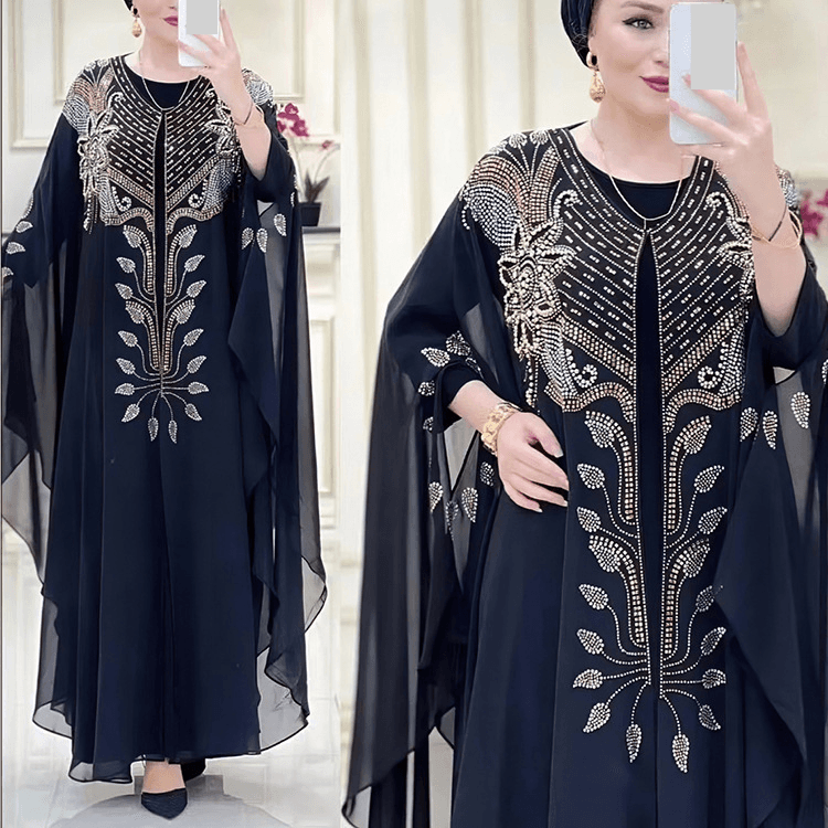 Women's Clothing Dress Chiffon Heavy Hot Diamond Robe Middle Eastern Muslim Short Sleeved Women's Clothing 8623