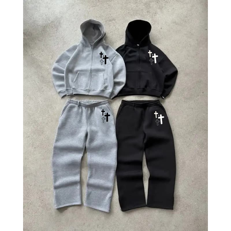 Men's Embroidery And Cross Print Zipper Sweatpants Casual Trousers High Street Hip Hop Rap Street US Size Men's And Women's Sweatpants Wholesale