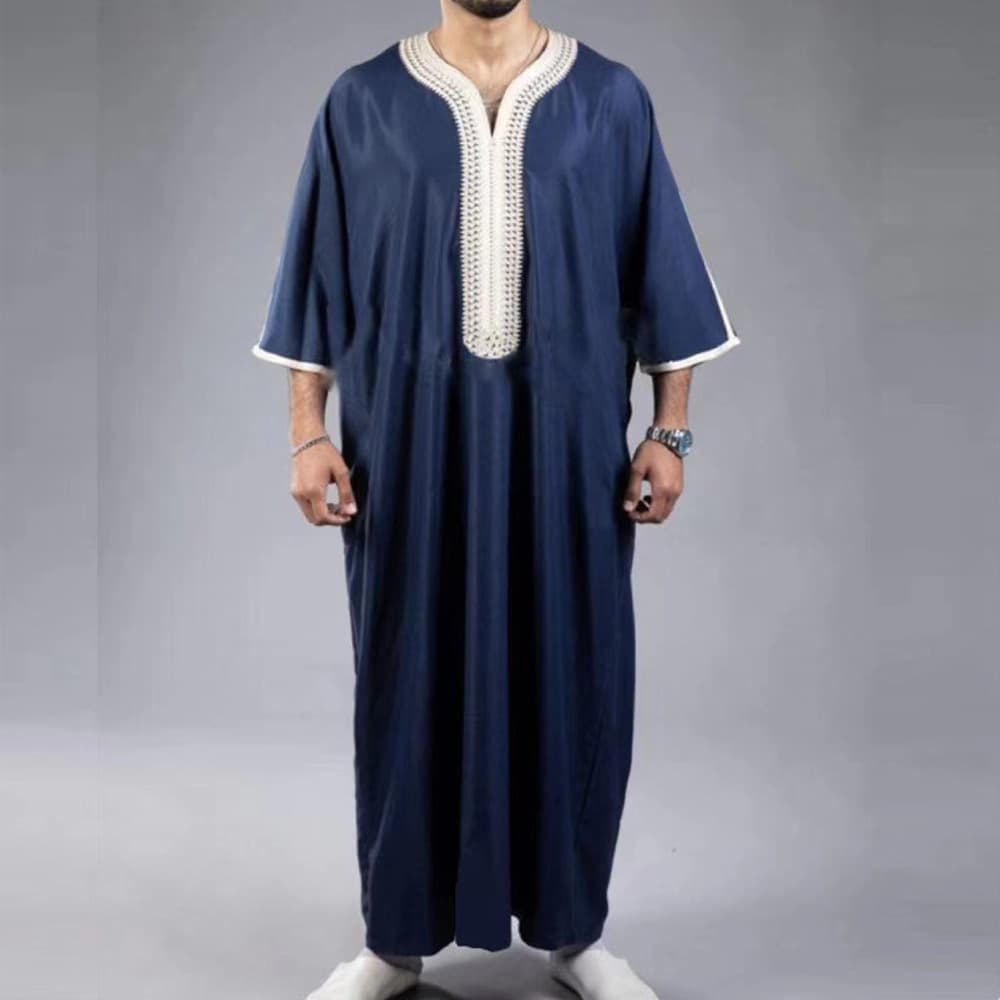 Men's Clothing Robe Medium Short Sleeve Embroidered Navy Blue Men's Muslim Robe