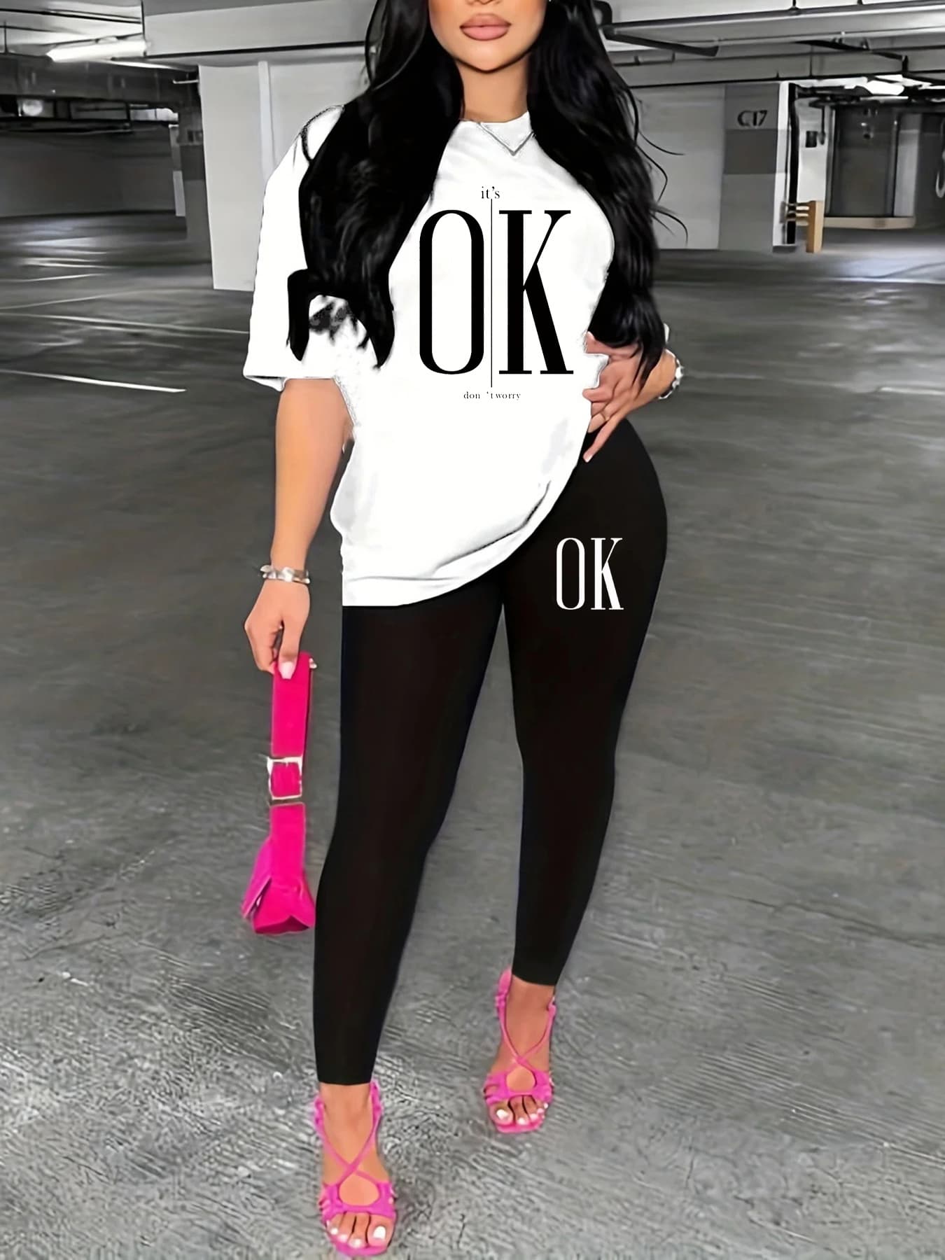 Women's Casual Loose Fashion OK Letter Pattern Print Loose T-shirt+shorts Two-piece Set Home Sportswear Daily Wear-449