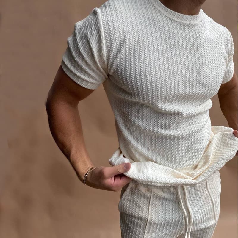 Man's Clothing Slim-fit Round Neck Pullover Short Sleeved Trousers Two-piece Casual Solid Color Sports Suit