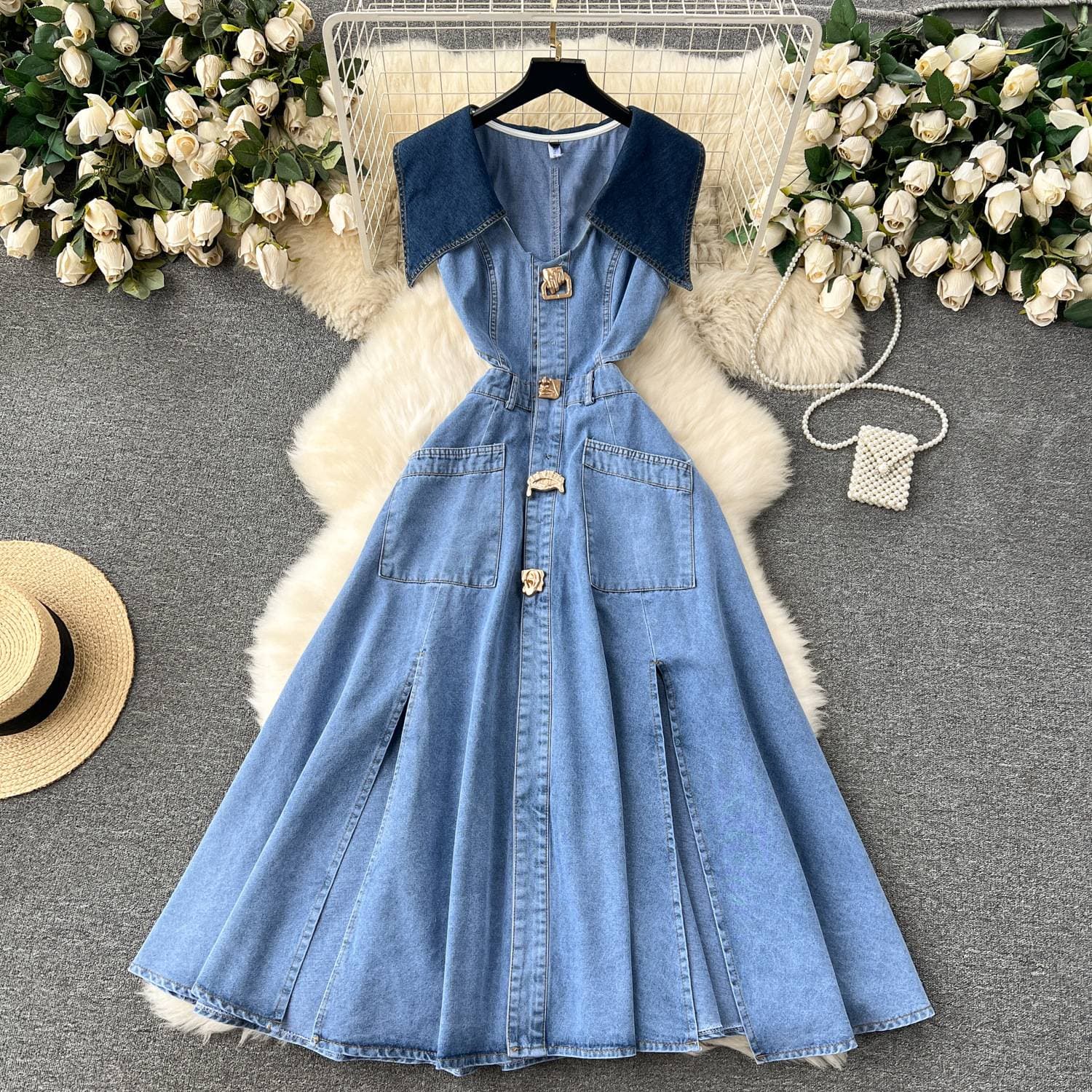 Women's Clothing Sleeveless sundress woman scheming cutout waist slim long retro denim dress woman