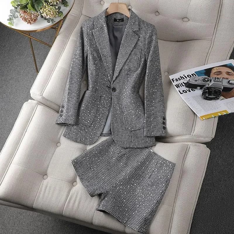 Women's Blazer Two-piece Set Spring Autumn New Fashion Glitter Vintage Suit Jacket Elegant Casual Shorts +Shiny Check