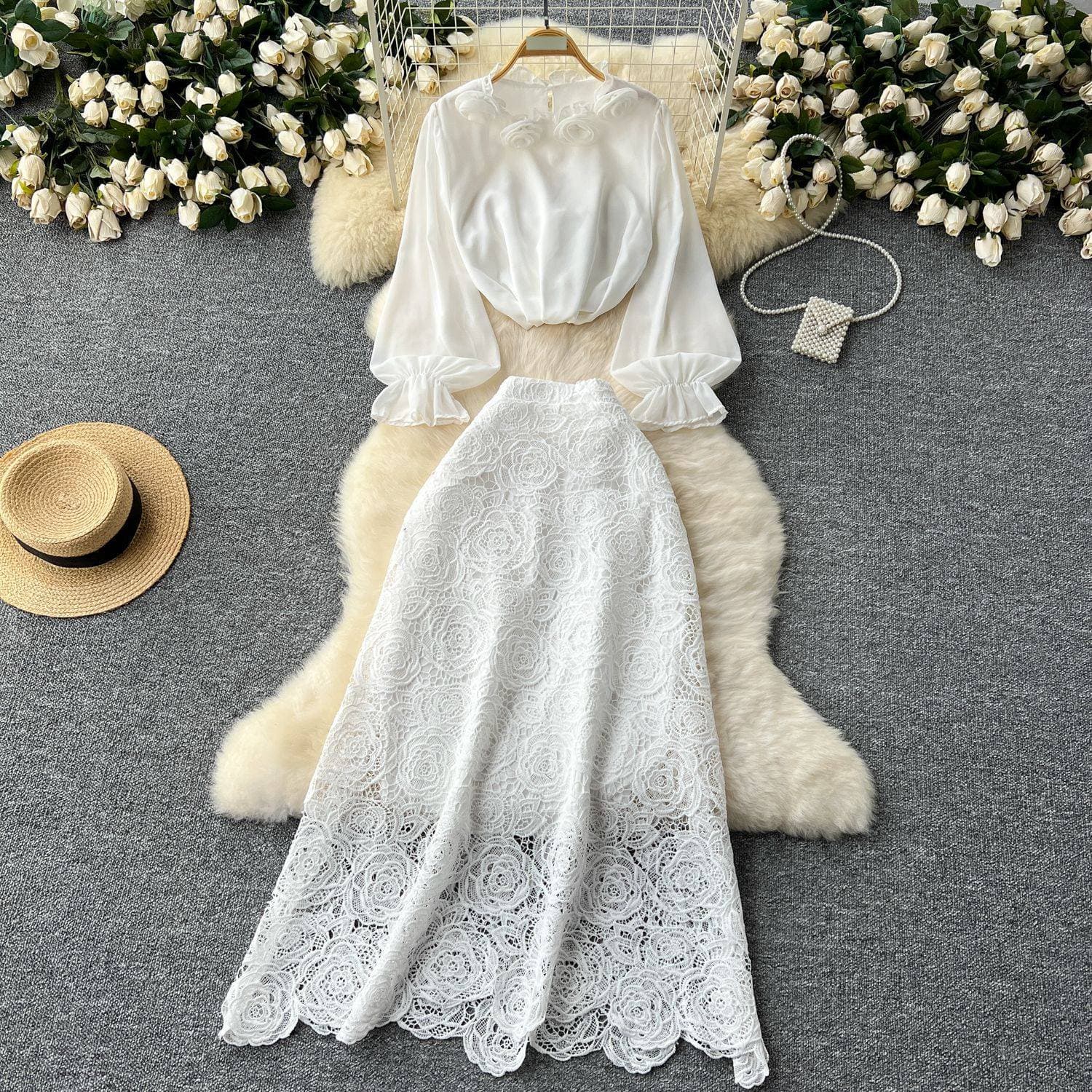 3D Floral Blouse & Lace Midi Skirt Set – Parisian Atelier Romance (Effortless 5pm Aperitif Glam)