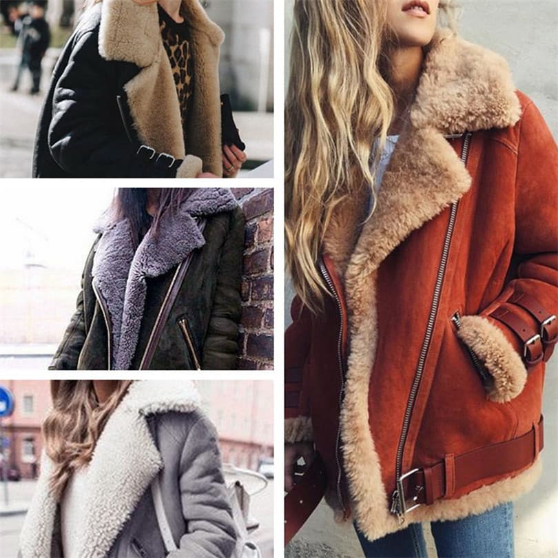 Autumn Winter Lamb Wool Women's Motorcycle Suede Collar Leather Jacket Casual Cotton Coat