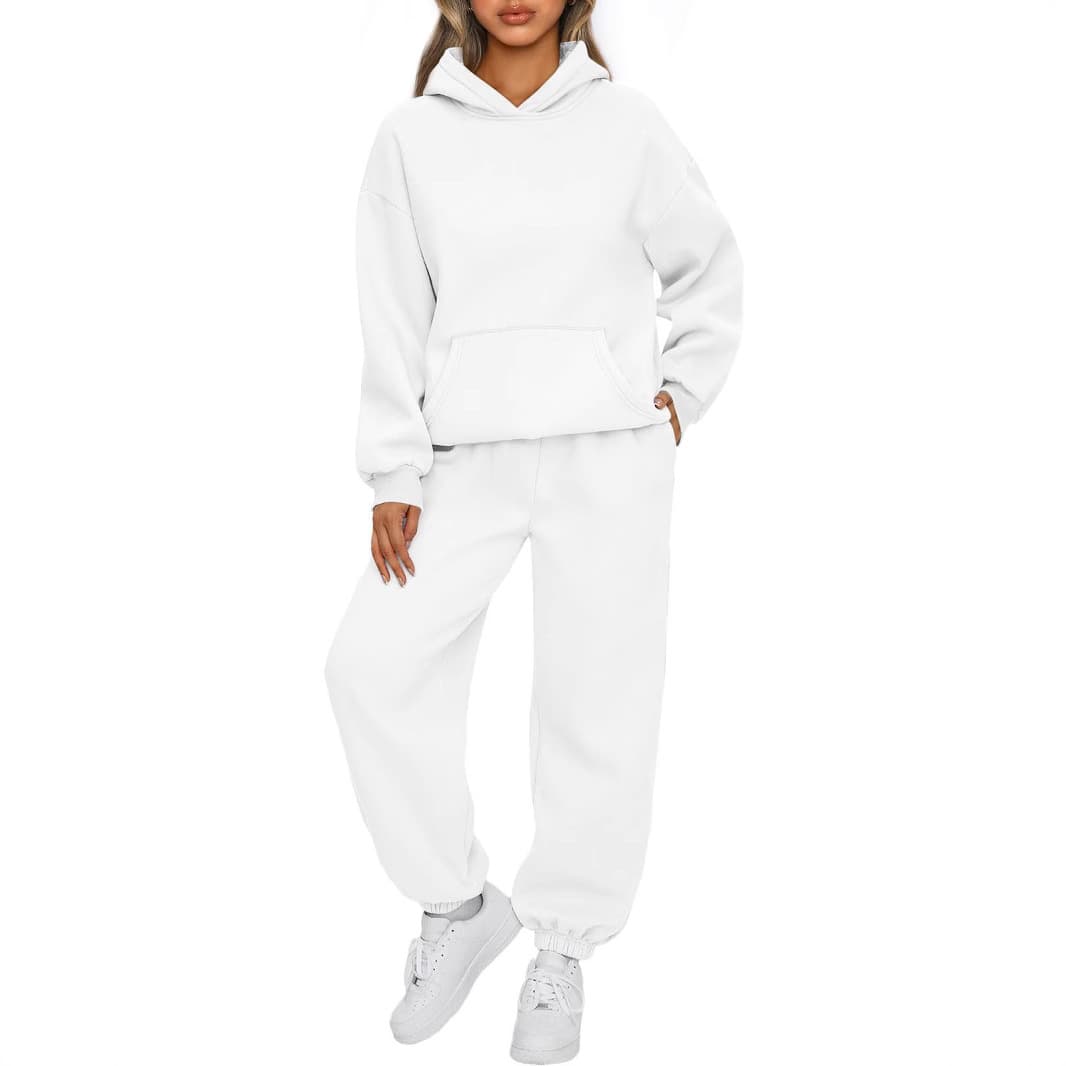 Ensemble 2 pièces à capuche pour femme : pantalon de jogging doublé en polaire douce et sweat à capuche ; tenue décontractée et confortable pour l'automne/hiver.