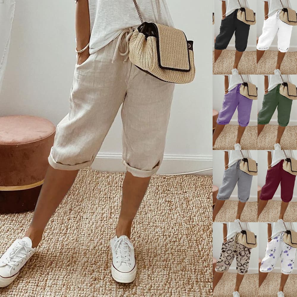 Women's Cotton And Linen Pocket Elastic Casual Pants Women's Pants Shorts