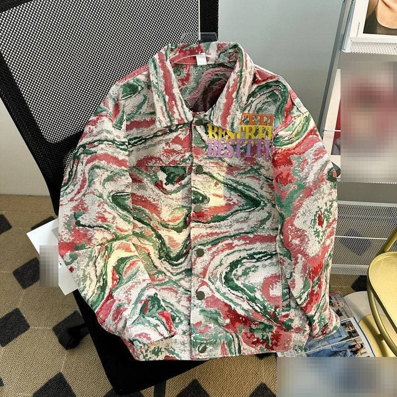 Men's Premium Embroidered Jacquard Denim Jacket - Stylish Casual Coat For Spring & Autumn Trendy Fashion
