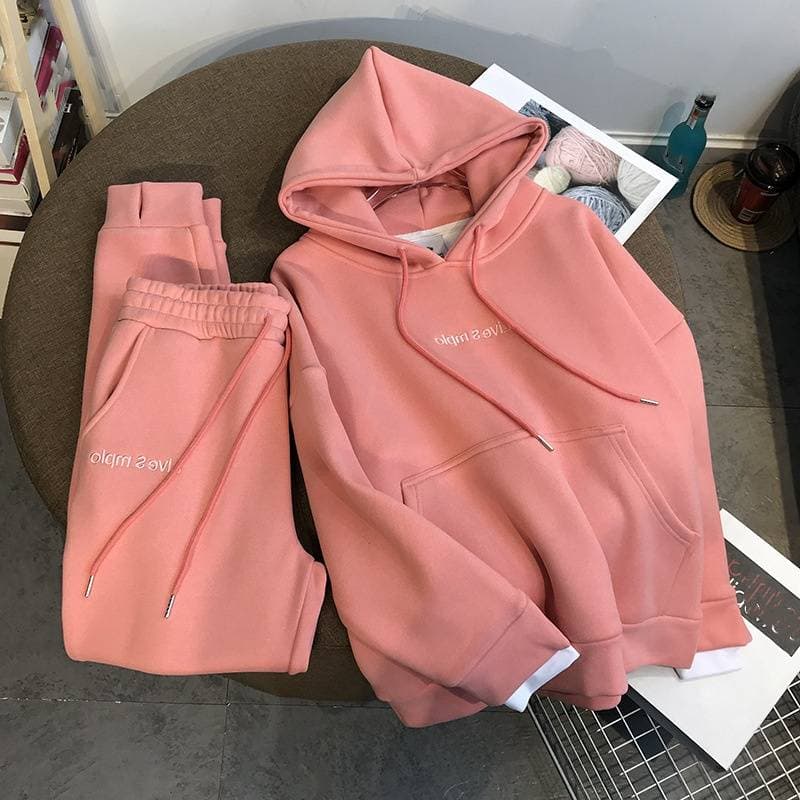 Women's Clothing Thickened Velvet Hooded Sweatshirt Women's Suit Letter Sports Leisure Fashion Western Style Two Piece Suit