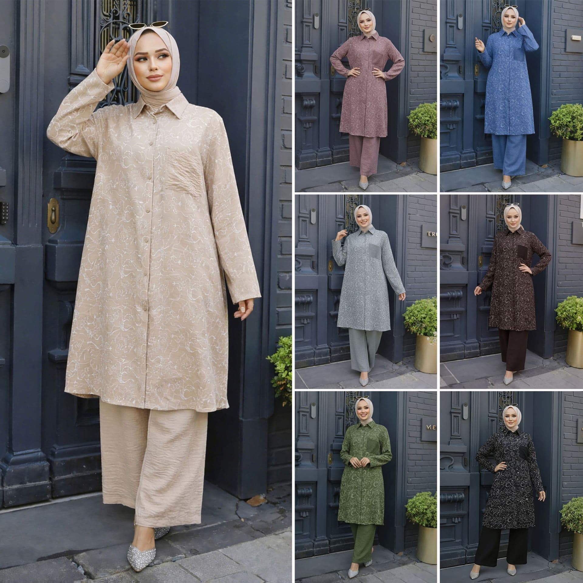 Modest Set Modest Muslim Women's Outfit – Printed Loose Tunic & Wide Leg Pants Set Cotton Blend Hijab-Friendly Lounge Wear For Home & Office