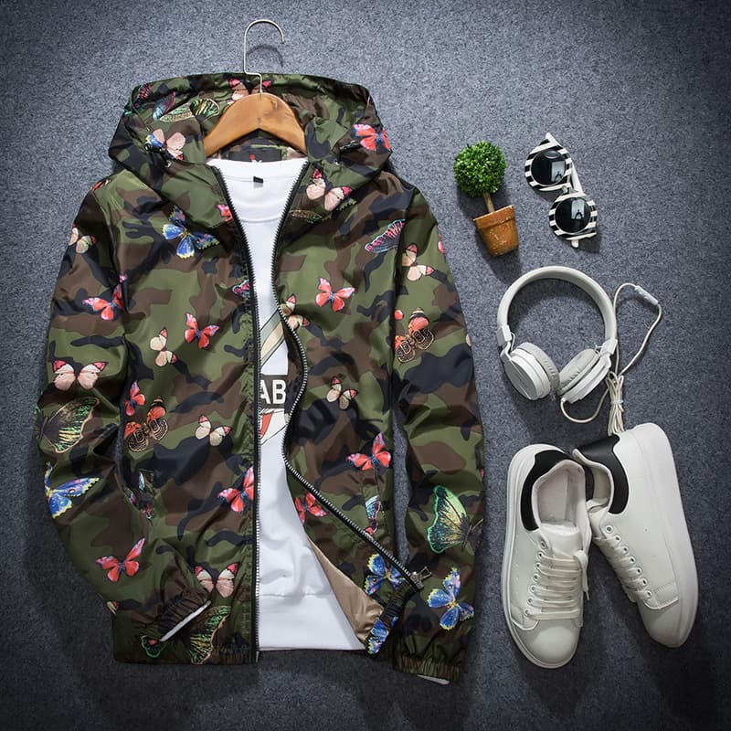 spring and autumn men's coats couples hooded jackets youth thin camouflage flower butterfly jackets for men
