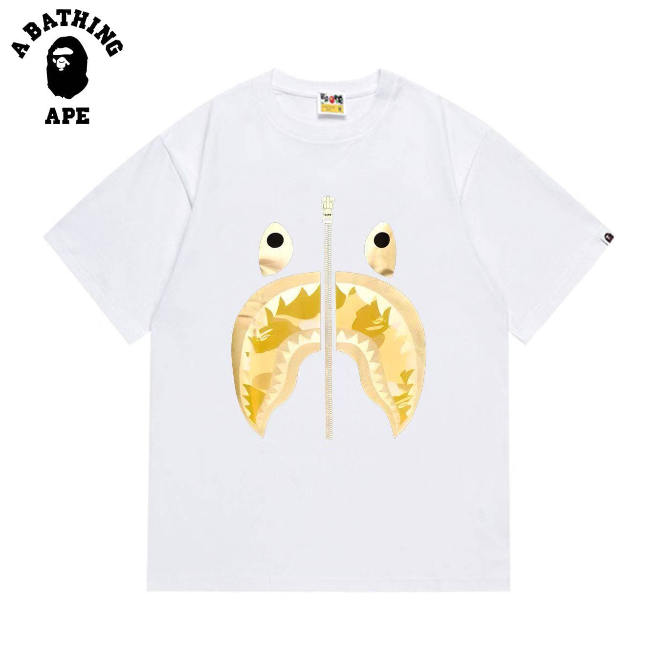 A BATHING APE BAPE-Zipper Shark Print Round Neck Short Sleeved T-shirt Made Of Pure Cotton Fabric For Both Men And Women