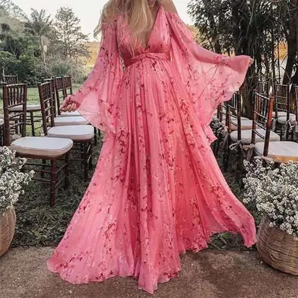 Women's Clothing Autumn And Winter New V Neck Floral Pink Long Dress Pregnant Women's Large Size Swing Dress