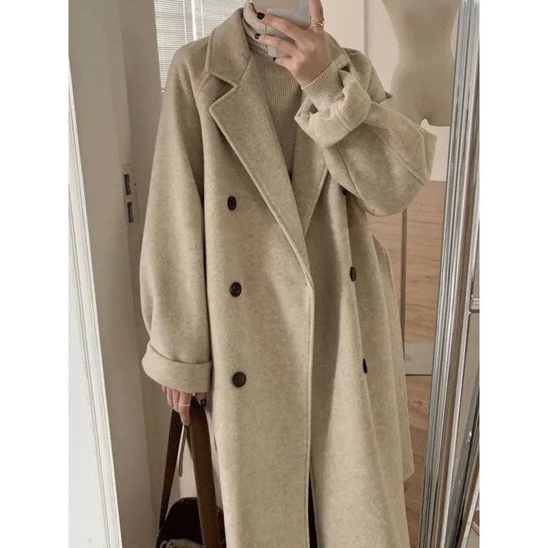 Women's Wool Blend Coat Longline Oversized Trench Coat With Double Breasted For Autumn Winter Casual Elegant In Oatmeal Black Mocha Red Gray