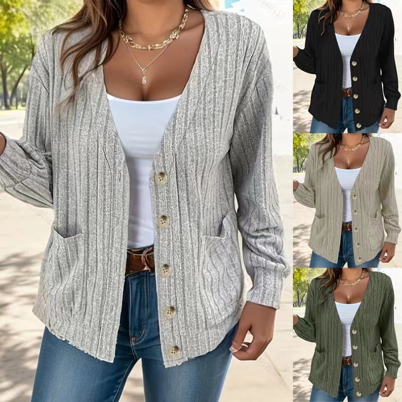 Women's Solid Color Buttons V-neck Loose Long Sleeve Cardigan Women