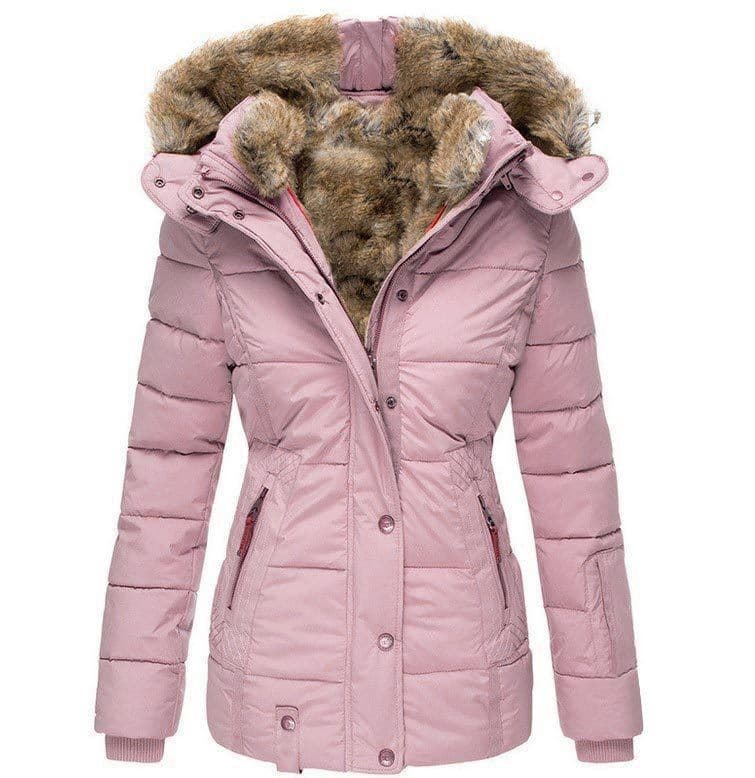 Women's Clothing winter warm fur collar cotton coat women's zipper long sleeved slim hooded cotton coat