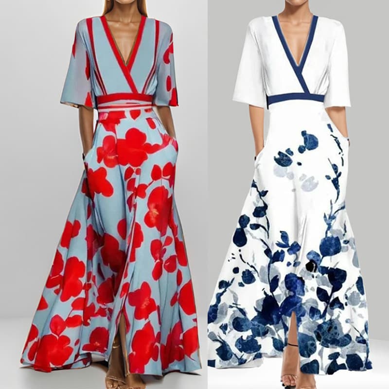 Women's Clothing Fashion Elegant Temperament Neck Printed Lace Up Big Skirt Dress