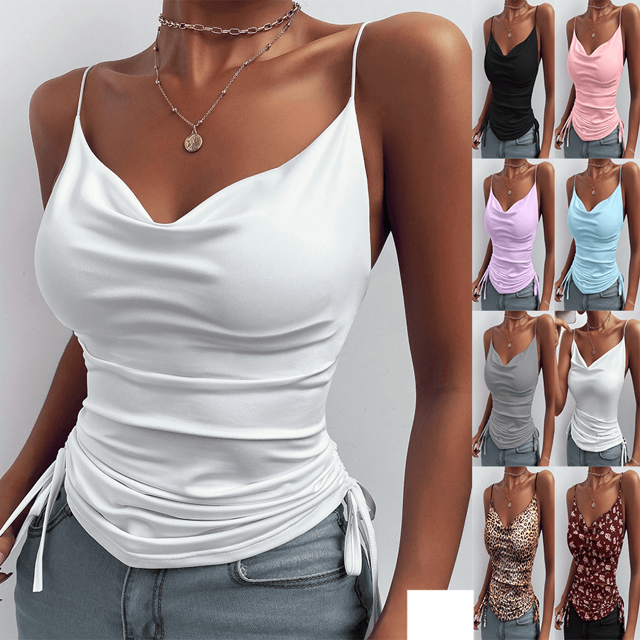 Women's printed camisole solid color dark V-neck camisole tight drawstring casual vest