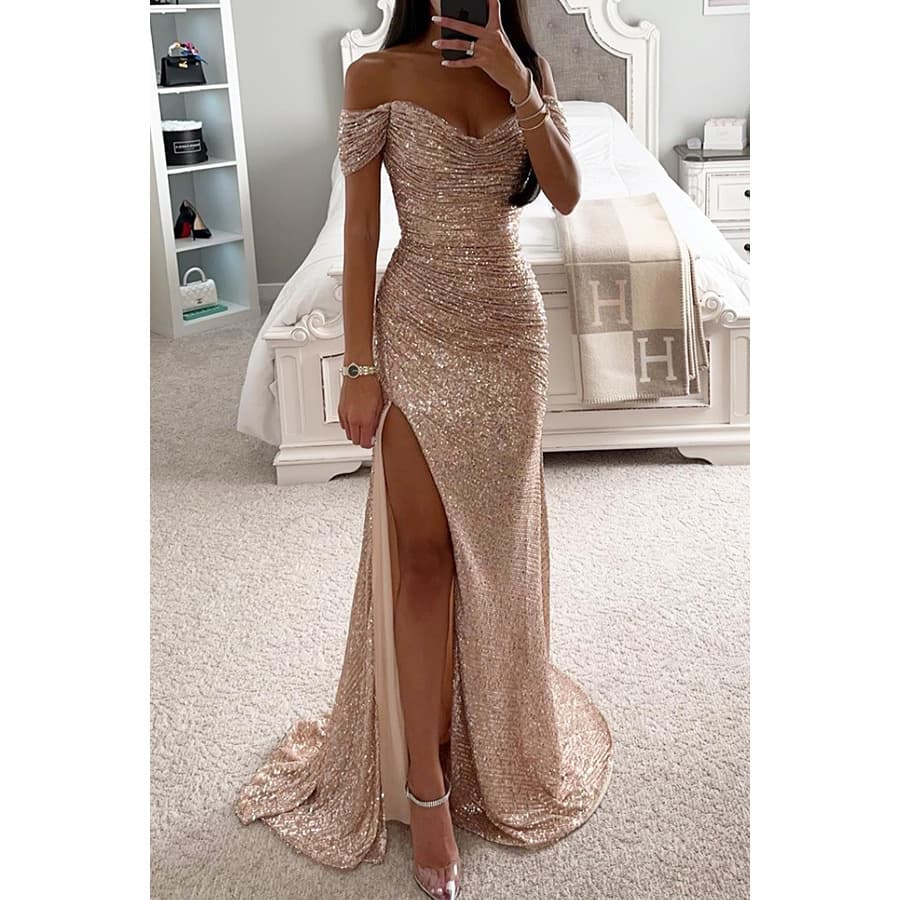 Robe de soirée fendue à paillettes pour femmes, robe décontractée à la mode