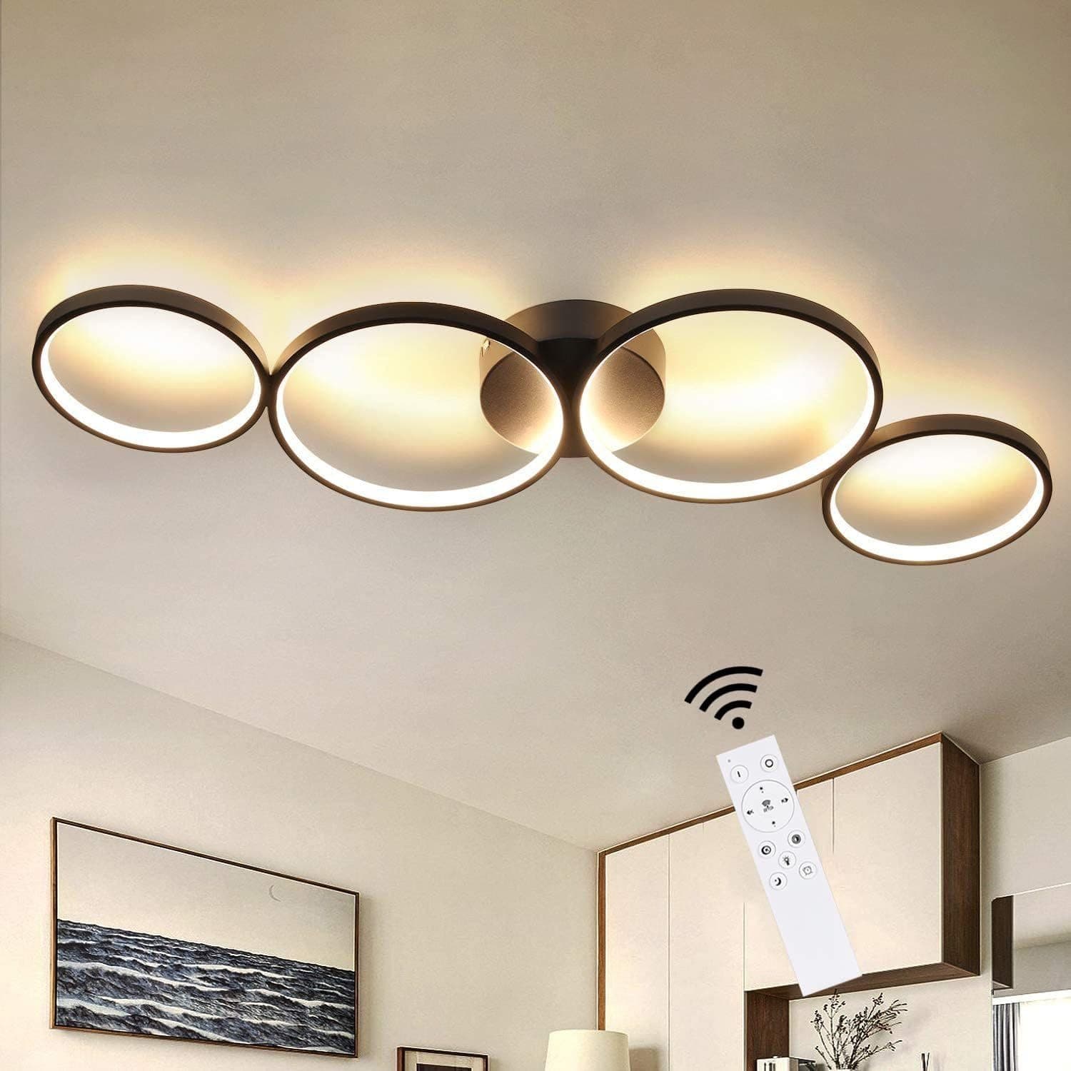 Glitzerlife LED Dimmbar Deckenlampe Modern Wohnzimmerlampe 4 Flammig In Ringoptik, 55W Innen Deckenleuchte Aus Aluminium, 88cm